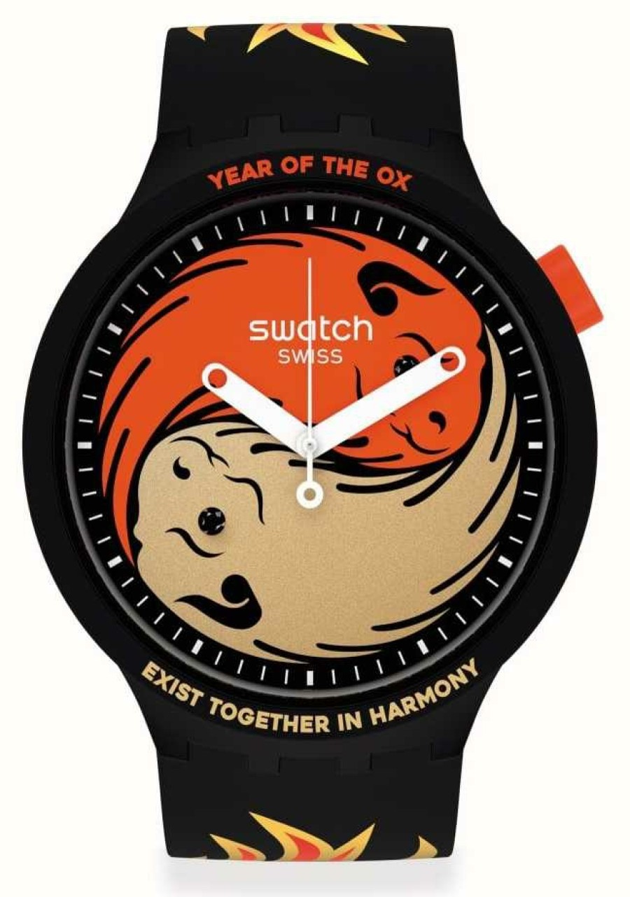 Men'S Swatch | Swatch Ox Rocks 2021! | Big Bold | Flame Pattern Silicone Strap