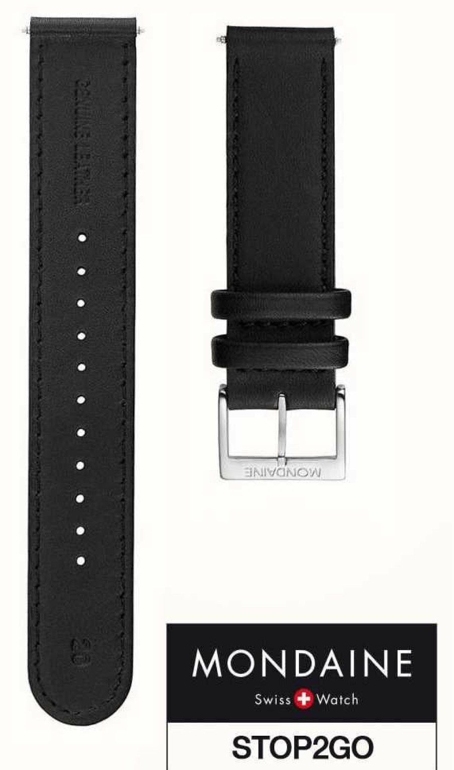 Men'S Mondaine | Mondaine 20Mm Watch Strap Black Vegan Leather Stop2Go (75-115Mm Length)