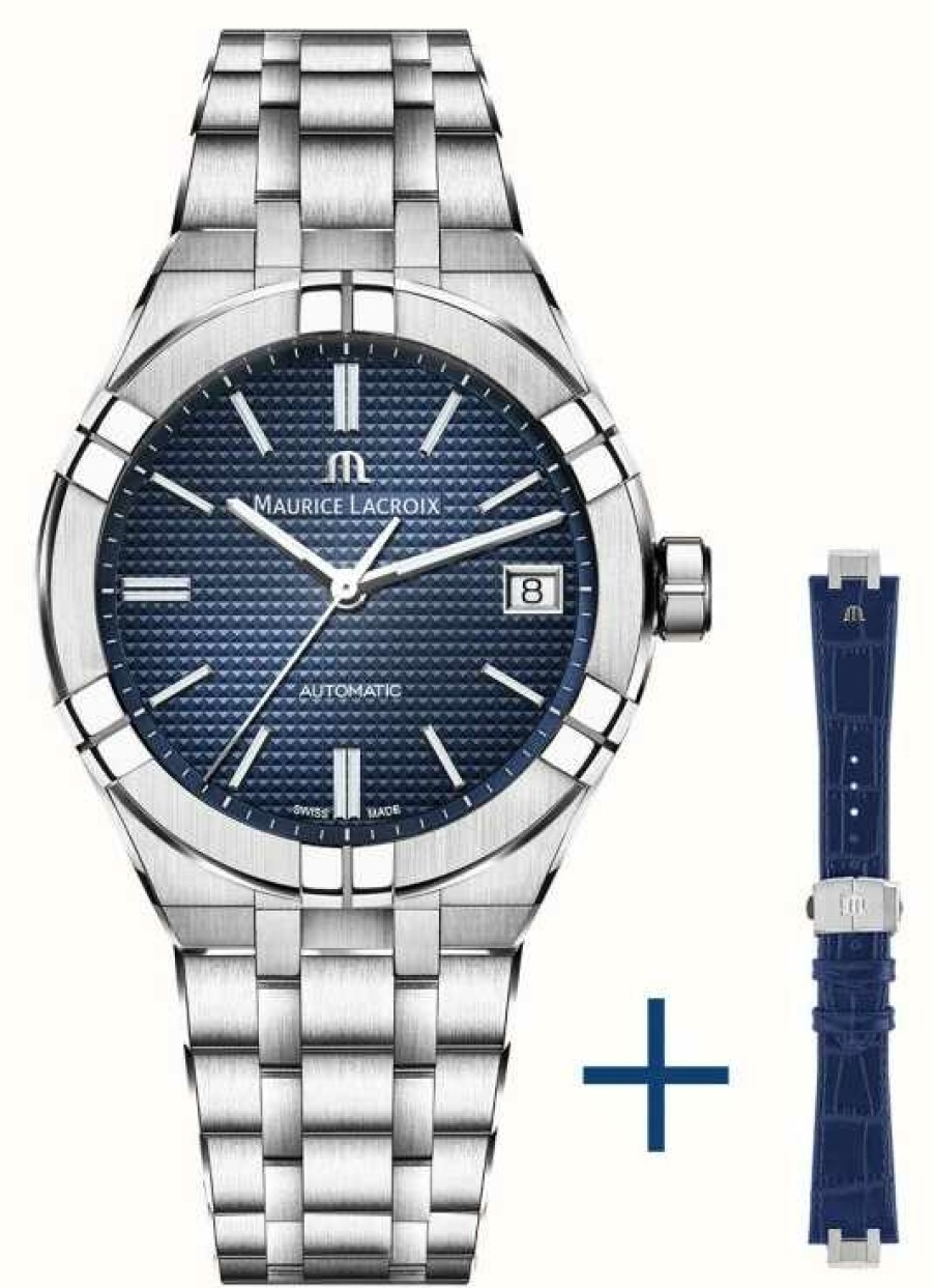 Men'S Maurice Lacroix | Maurice Lacroix Aikon Automatic (39Mm) Blue Clous De Paris Dial / Stainless Steel + Blue Leather