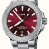 Men'S ORIS | Oris Aquis Date Relief Cherry Edition Automatic (41.5Mm) Cherry Red Dial / Stainless Steel Bracelet