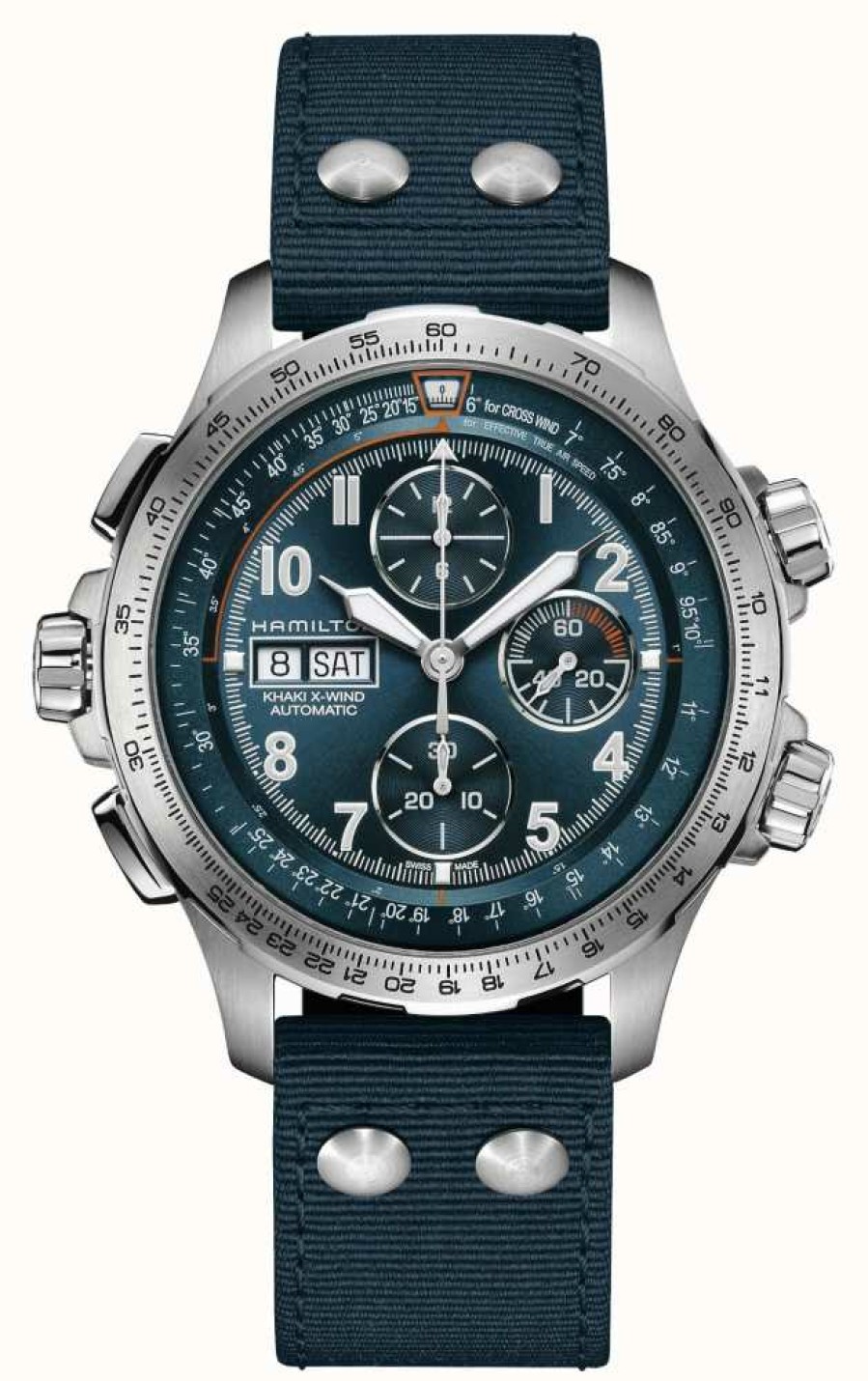 Men'S Hamilton | Hamilton Khaki Aviation X-Wind Day-Date Automatic Chronograph (45Mm) Black Dial / Blue Textile Strap