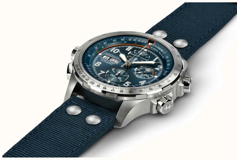 Men'S Hamilton | Hamilton Khaki Aviation X-Wind Day-Date Automatic Chronograph (45Mm) Black Dial / Blue Textile Strap