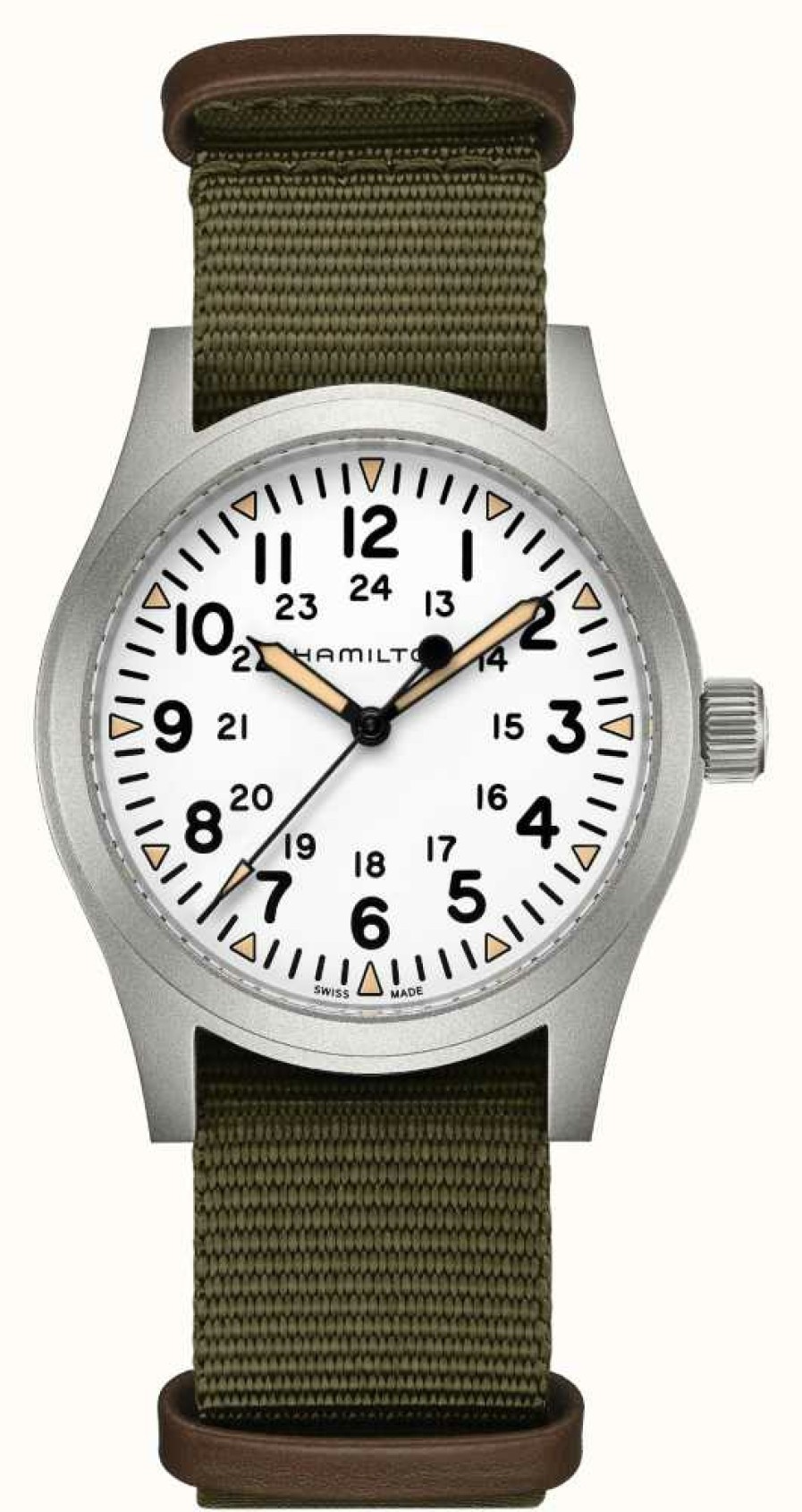 Men'S Hamilton | Hamilton Khaki Field Mechanical (42Mm) White Dial / Green Nato Strap