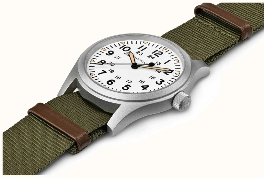 Men'S Hamilton | Hamilton Khaki Field Mechanical (42Mm) White Dial / Green Nato Strap