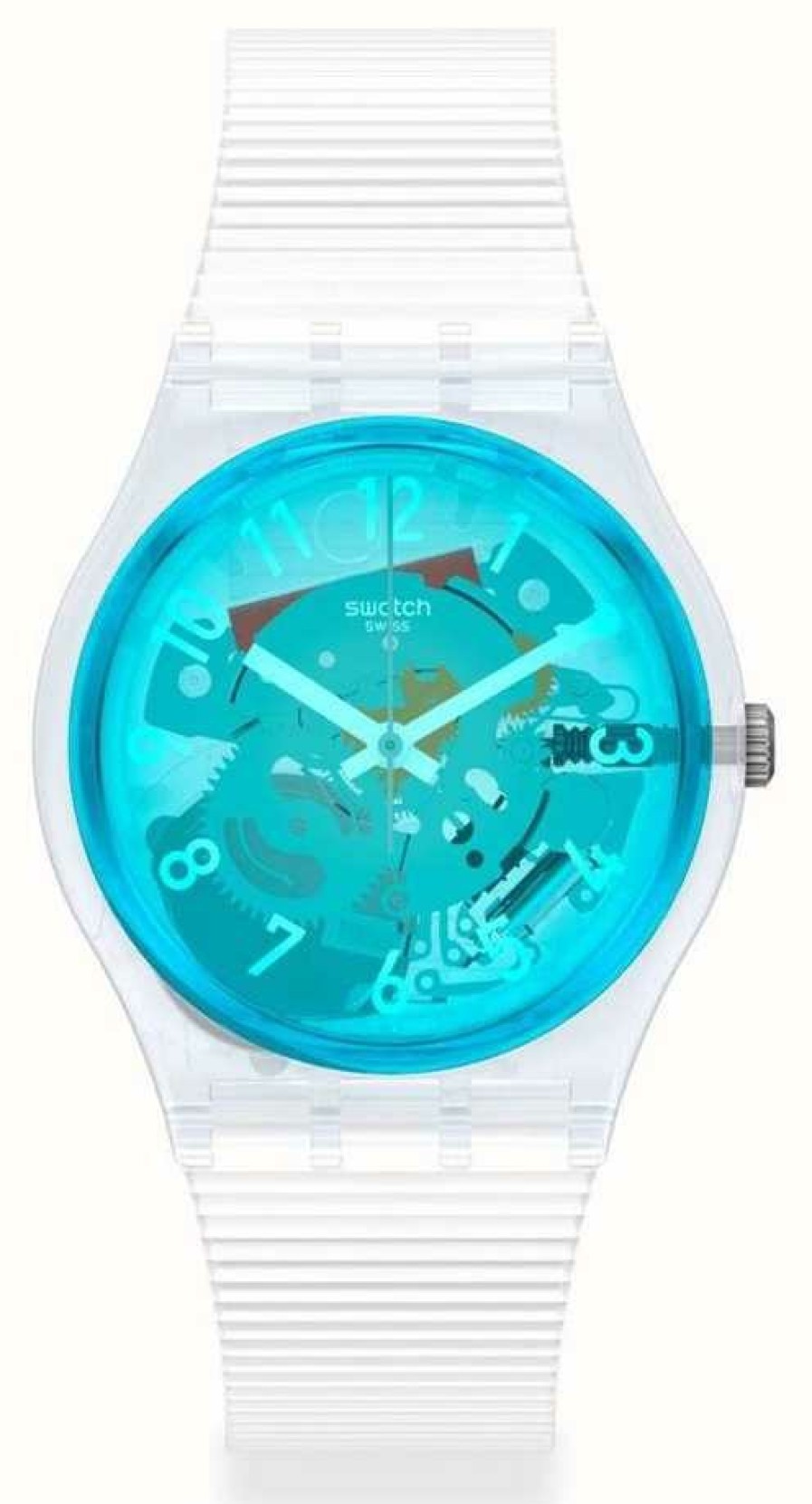 Men'S Swatch | Swatch Retro-Bianco | White Silicone Strap | Blue Transparent Dial