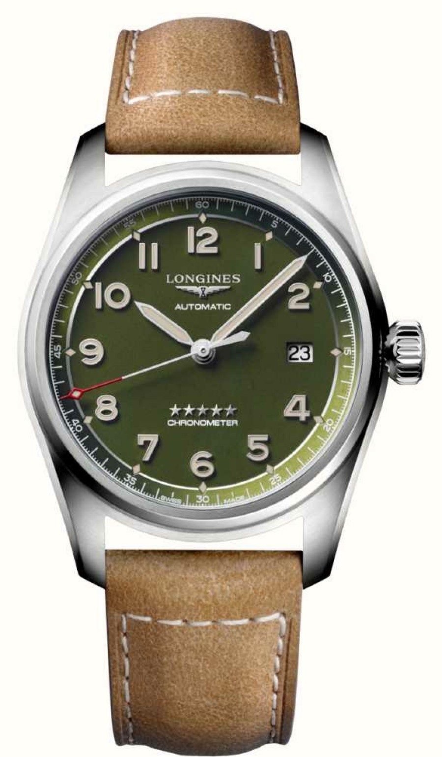 Men'S LONGINES | Longines Spirit Green Dial Brown Leather Strap