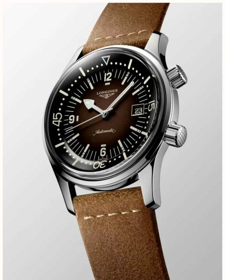 Men'S LONGINES | Longines Heritage Legend Diver Brown Leather Strap