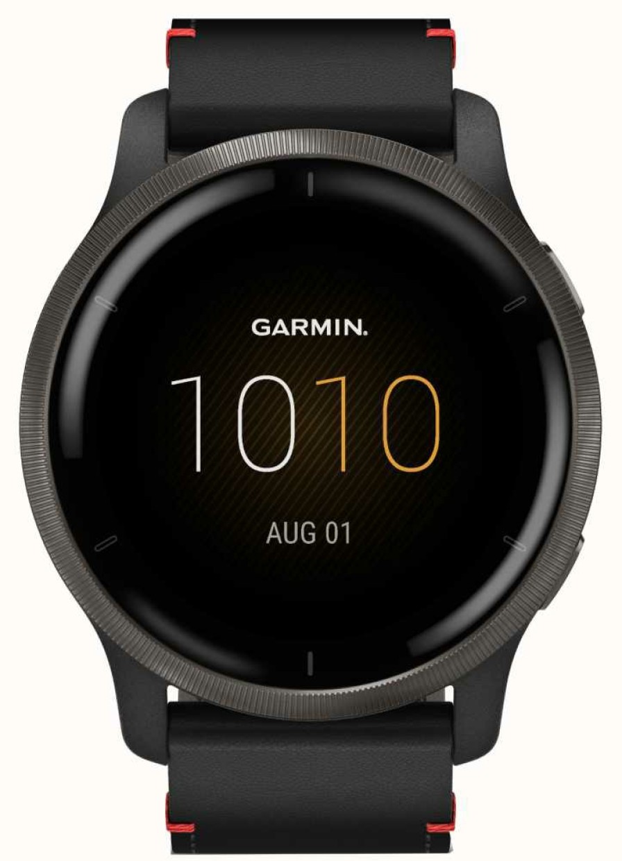 Men'S Garmin | Garmin Venu 2 | 45Mm Slate Stainless Steel Bezel | Black Leather Strap (Plus Black Silicone Strap)