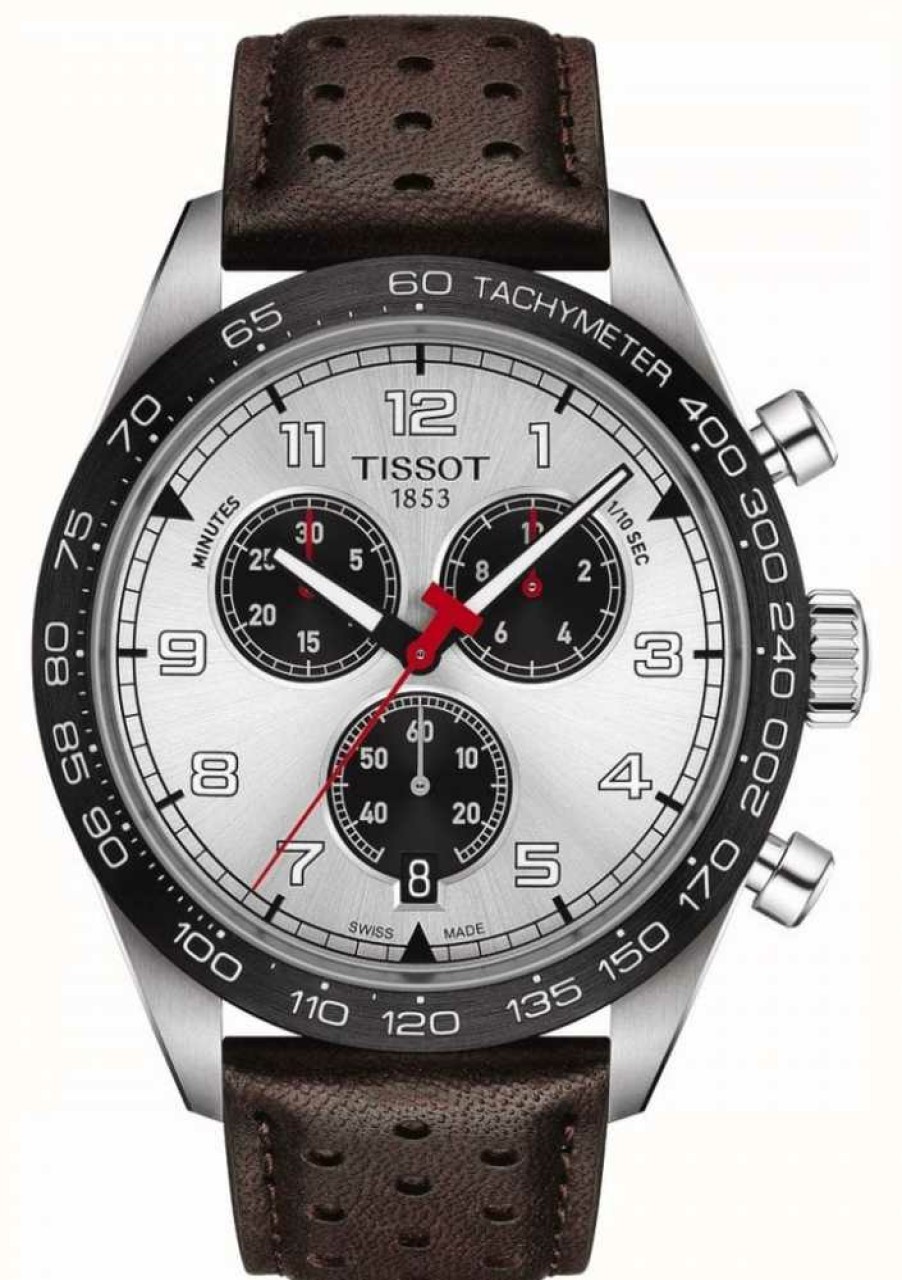 Men'S Tissot | Tissot Prs 516 | Chronograph | Silver Dial | Brown Leather Strap