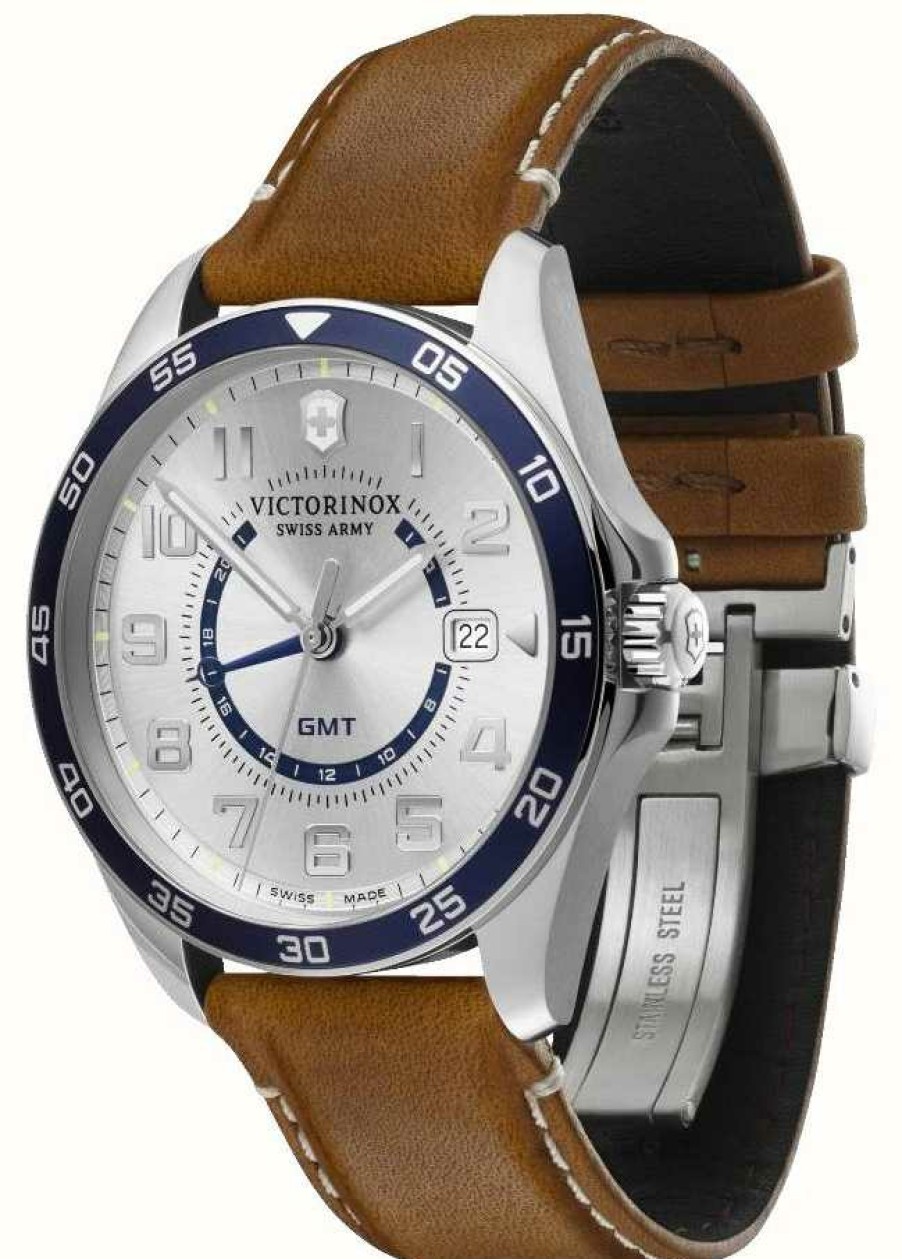 Men'S Victorinox | Victorinox | Fieldforce Gmt | Brown Leather Strap | Silver Dial