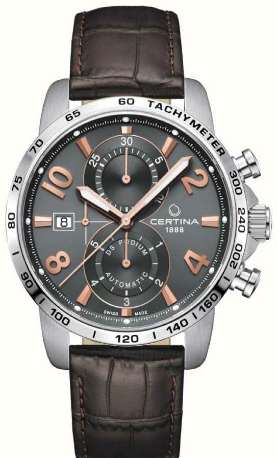 Men'S Certina | Certina Ds Podium | Automatic | Brown Leather Strap | Grey Dial