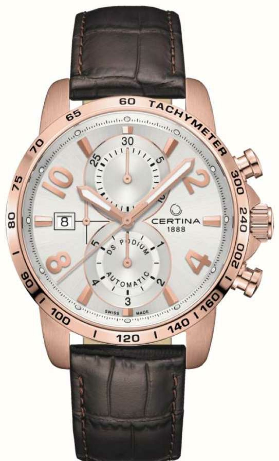 Men'S Certina | Certina | Ds Podium | Chrono Auto | Brown Leather Strap | Silver Dial