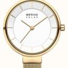 Women'S Bering | Bering Solar Women'S Gold-Plated Mesh Bracelet Watch