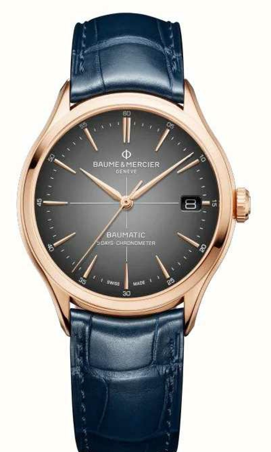 Men'S Baume & Mercier | Baume & Mercier Clifton Blue Leather Strap Grey Dial Watch