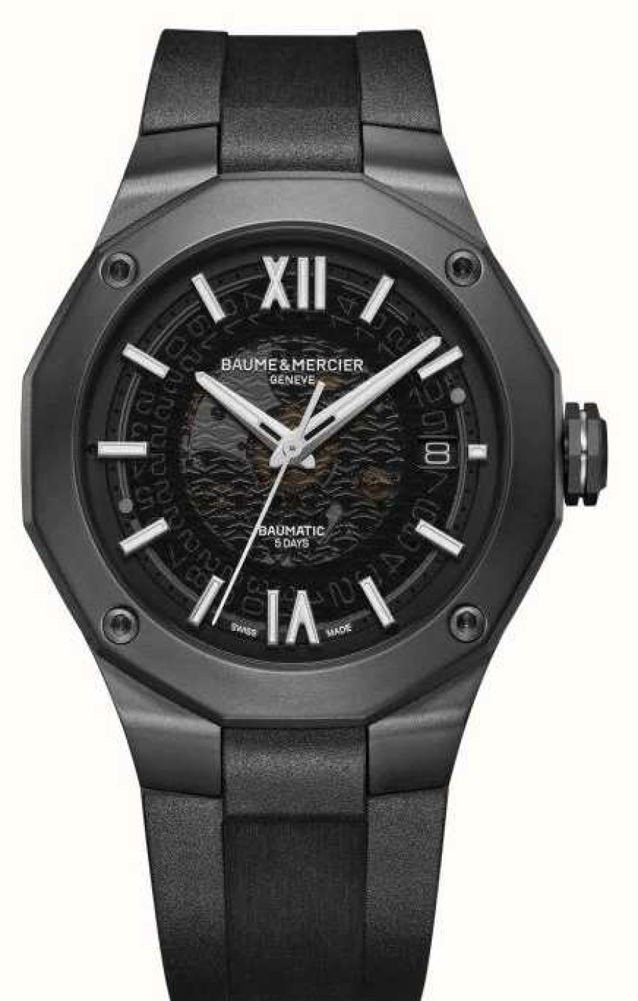 Men'S Baume & Mercier | Baume & Mercier Riviera Black Plated Skeleton Dial