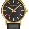 Men'S Mondaine | Mondaine Evo2 Gold 30Mm | Black Leather Strap | Black Dial | Ip Gold Case