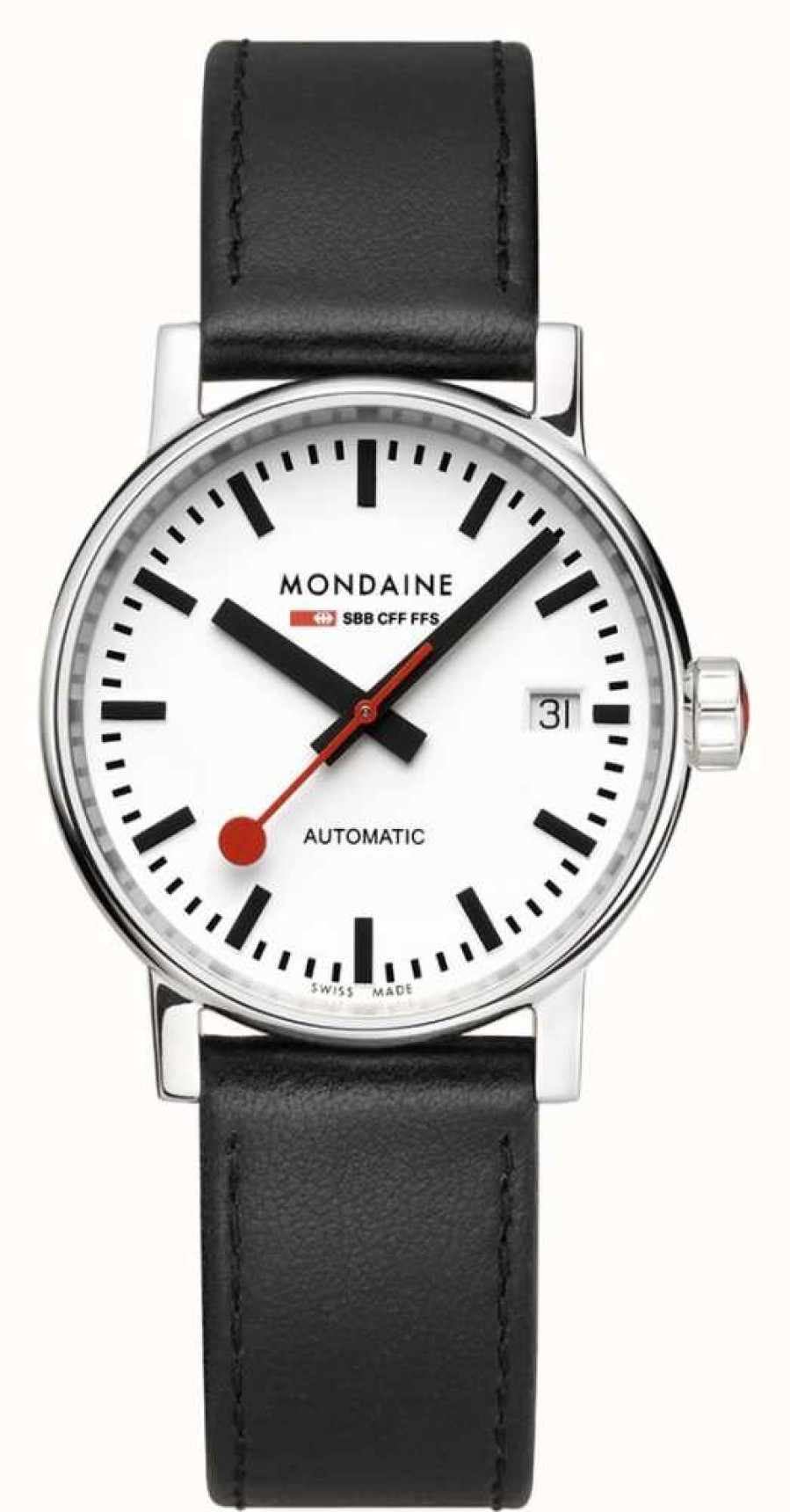 Men'S Mondaine | Mondaine Evo2 Automatic 35Mm | Black Leather Strap | White Dial