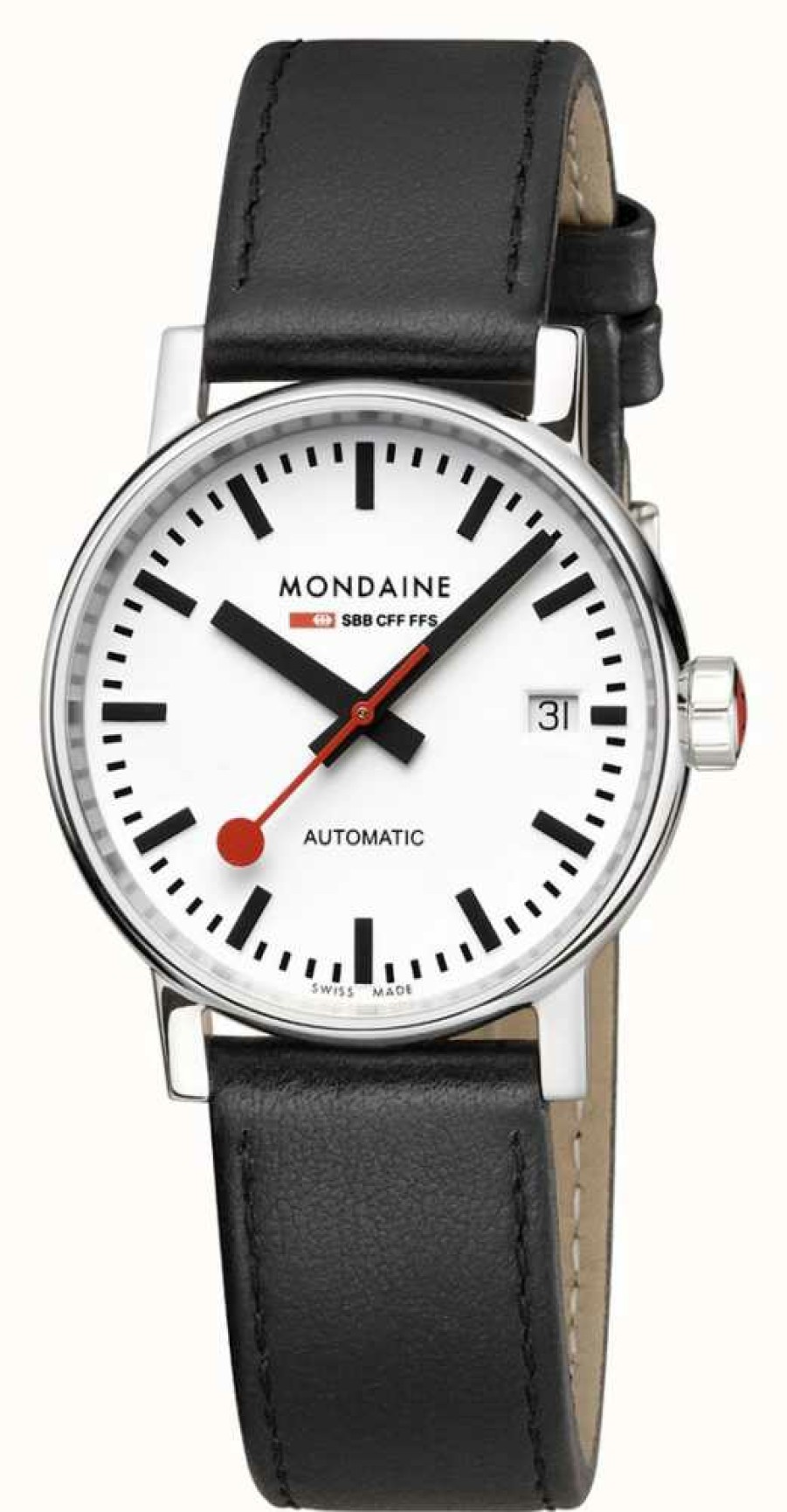 Men'S Mondaine | Mondaine Evo2 Automatic 35Mm | Black Leather Strap | White Dial