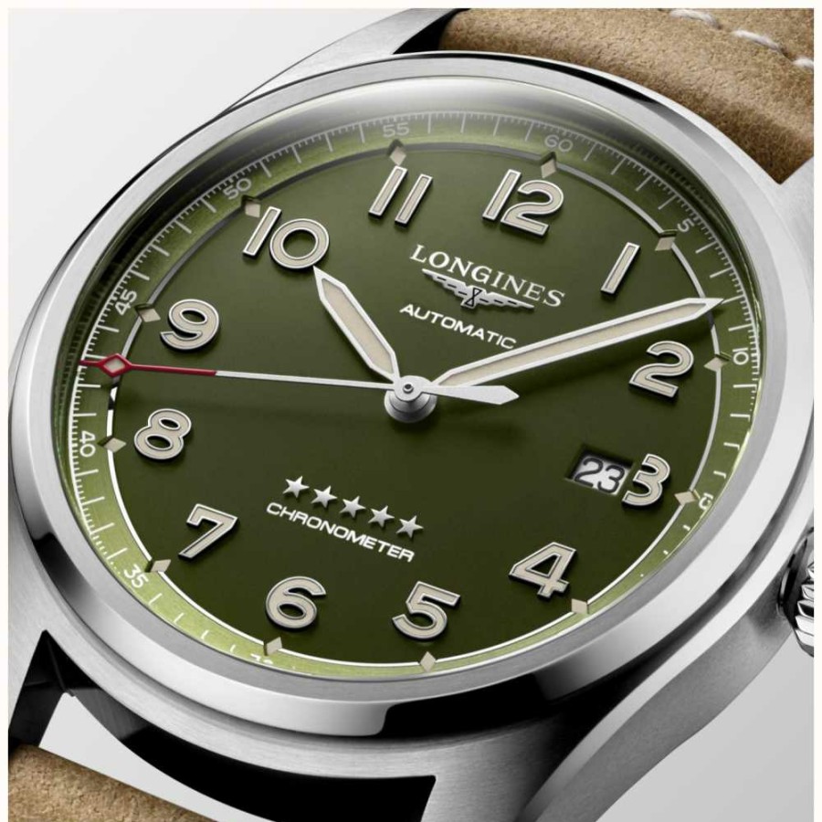 Men'S LONGINES | Longines Spirit Green Dial Leather Strap