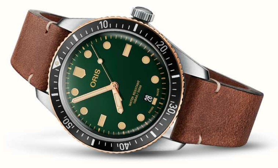 Men'S ORIS | Oris Divers Sixty-Five Automatic (40Mm) Green Dial / Brown Leather Strap