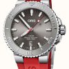 Men'S ORIS | Oris Aquis Date Relief Automatic (43.5Mm) Grey Dial / Red Rubber Strap