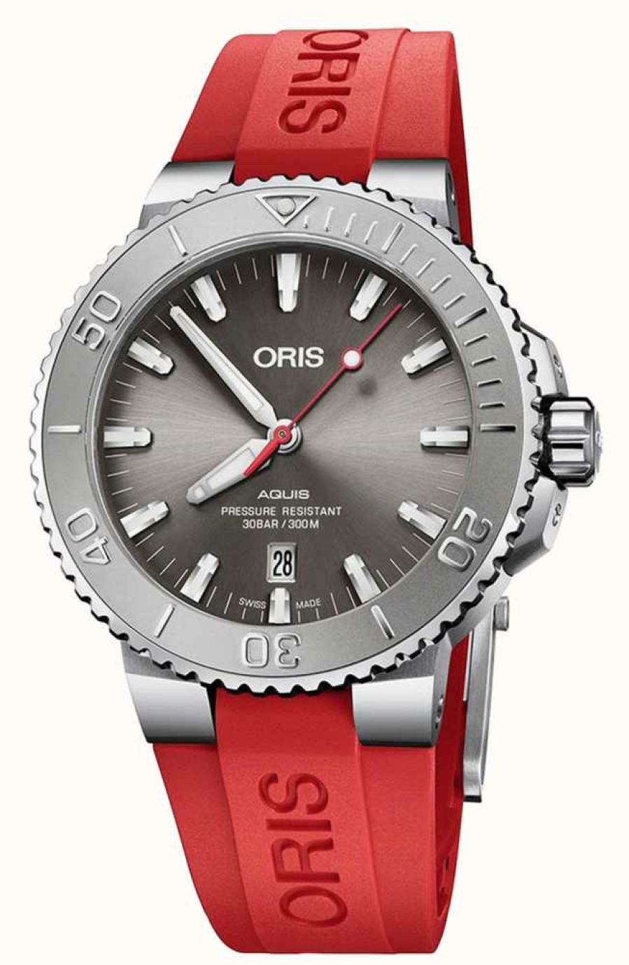 Men'S ORIS | Oris Aquis Date Relief Automatic (43.5Mm) Grey Dial / Red Rubber Strap