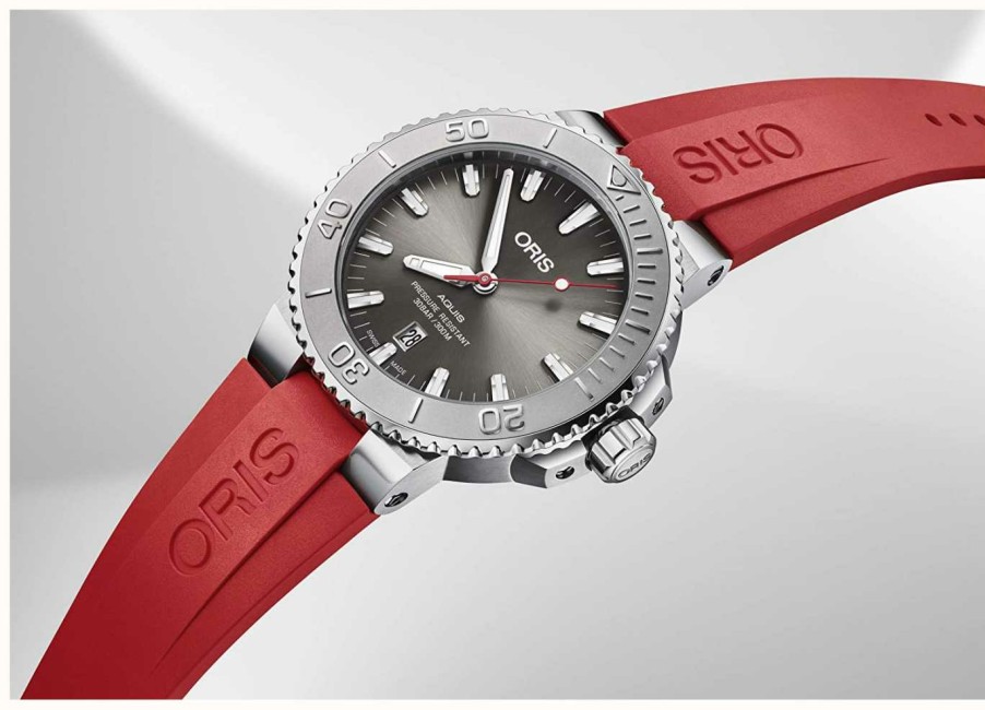 Men'S ORIS | Oris Aquis Date Relief Automatic (43.5Mm) Grey Dial / Red Rubber Strap