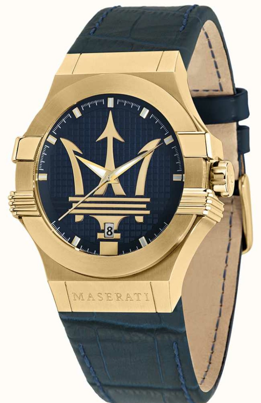 Men'S Maserati | Maserati Potenza Men'S Blue Leather Strap Watch