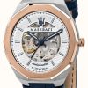 Men'S Maserati | Maserati Men'S Stile Automatic | Blue Leather Strap | Silver Skeleton Dial