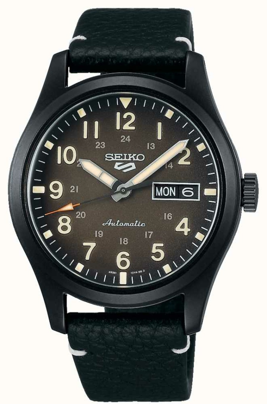 Men'S Seiko | Seiko 5 Sports Field Black Plated Leather Strap Watch