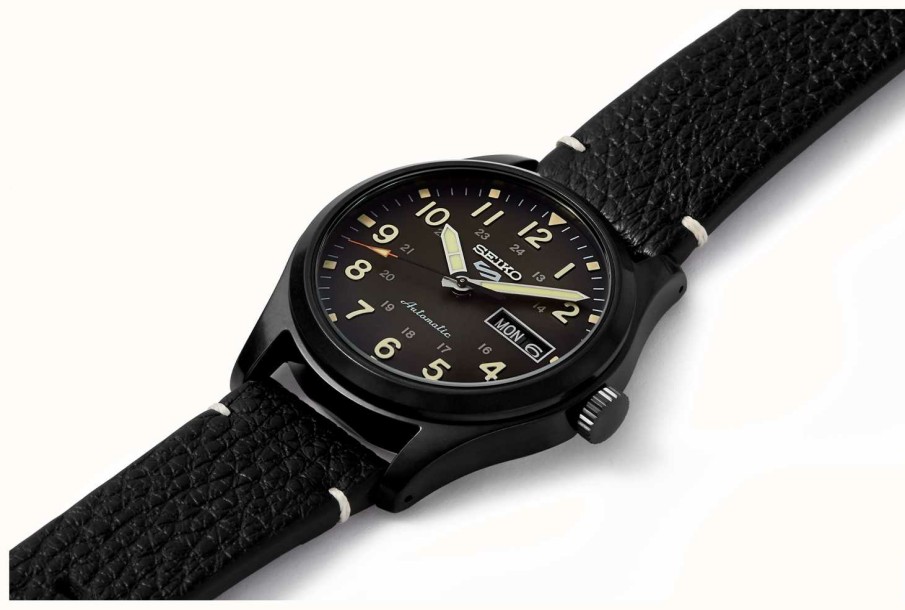 Men'S Seiko | Seiko 5 Sports Field Black Plated Leather Strap Watch