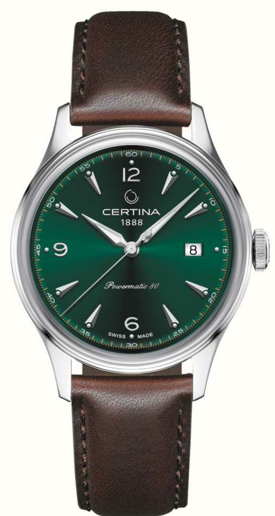 Men'S Certina | Certina Ds Powermatic 80 Green Dial Leather Strap