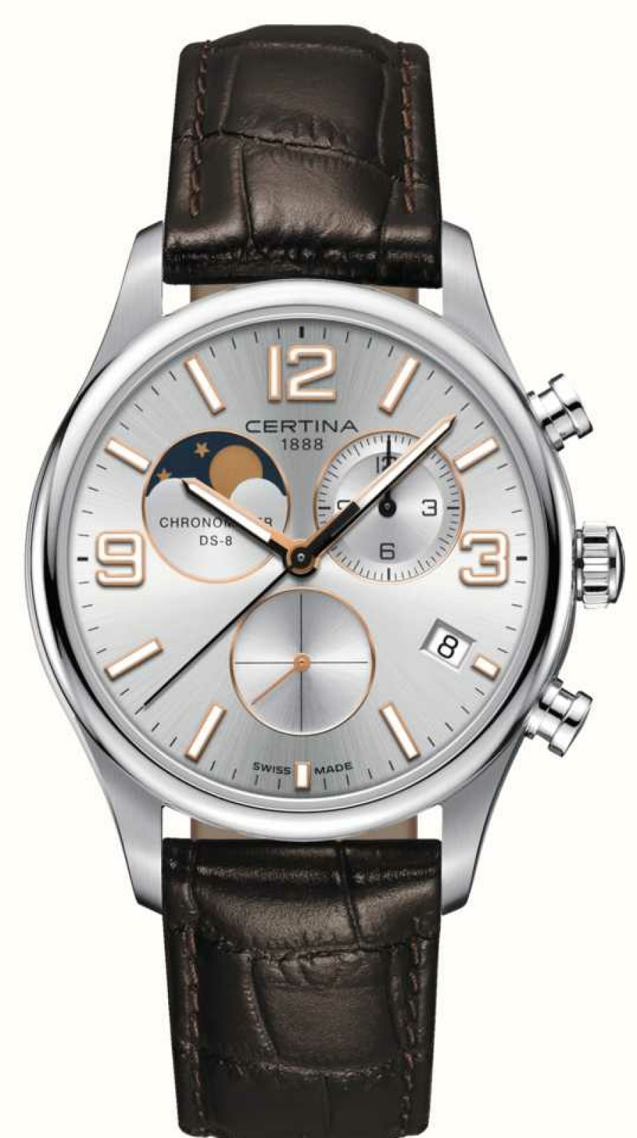 Men'S Certina | Certina Ds-8 Chronograph Moonphase Silver Dial