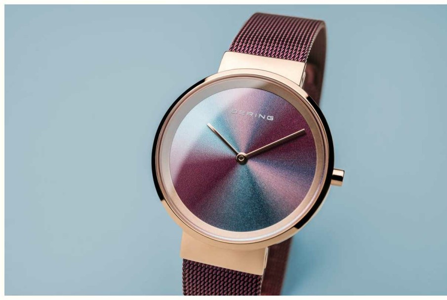 Women'S Bering | Bering Women'S | Polished Rose Gold | Purple Mesh Bracelet