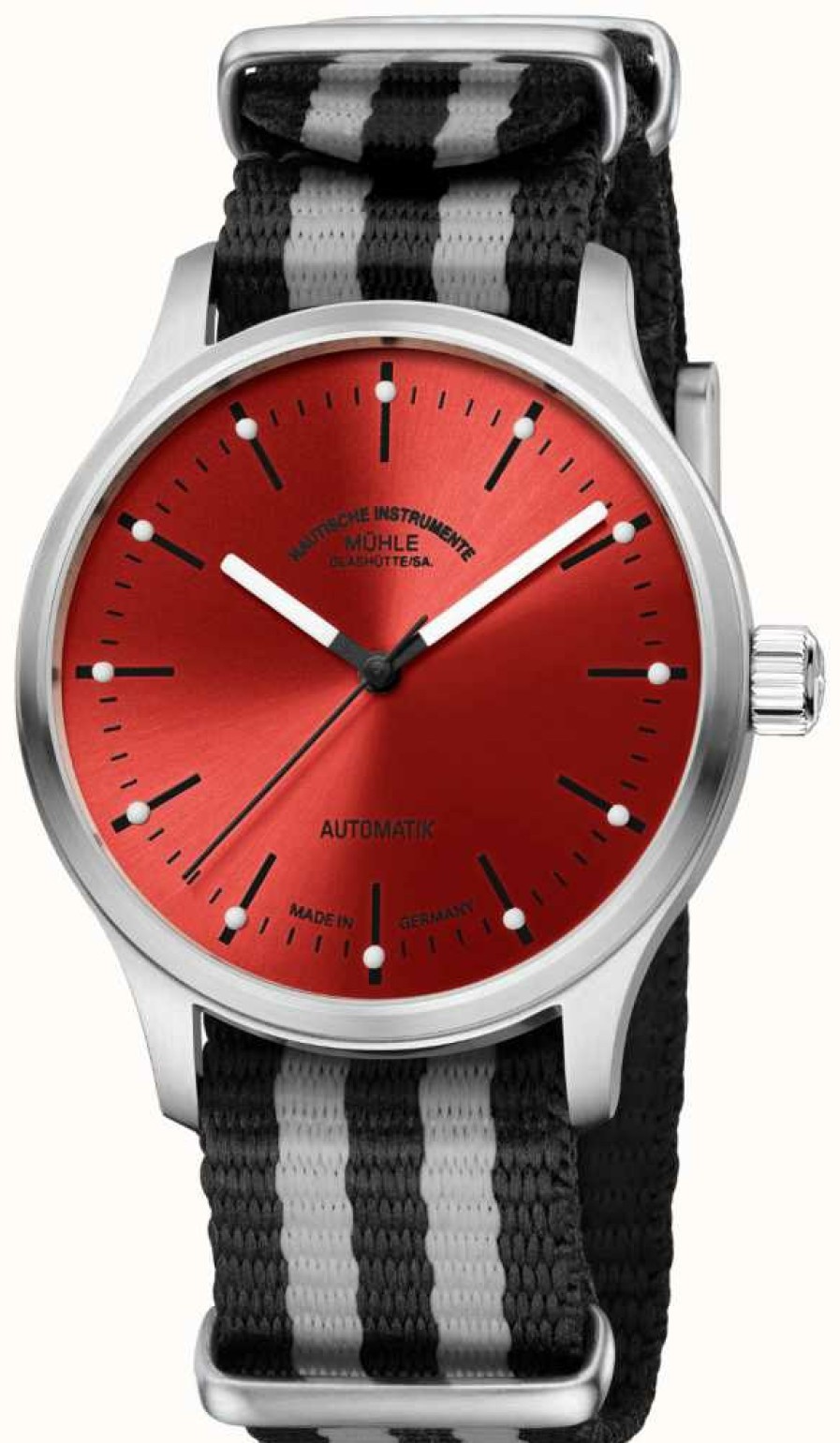 Women'S Muhle Glashutte | Muhle Glashutte Panova Red Automatic (40Mm) Red Sunray Dial / Black-Grey Nato Textile Strap