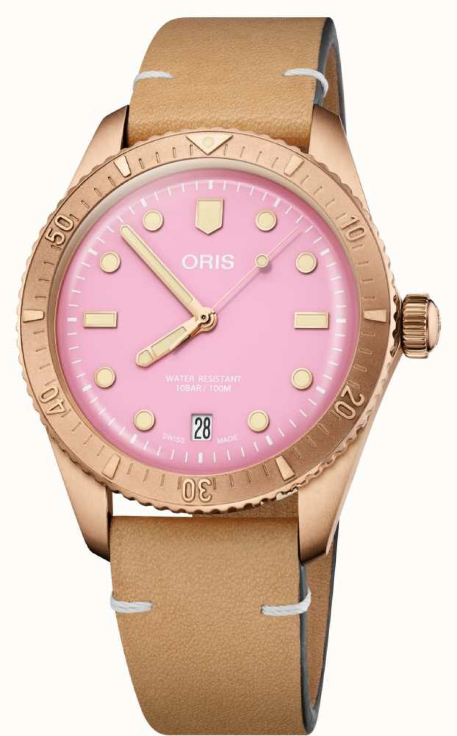 Men'S ORIS | Oris Divers Sixty-Five Cotton Candy Bronze Automatic (38Mm) Pink Dial / Brown Leather Strap