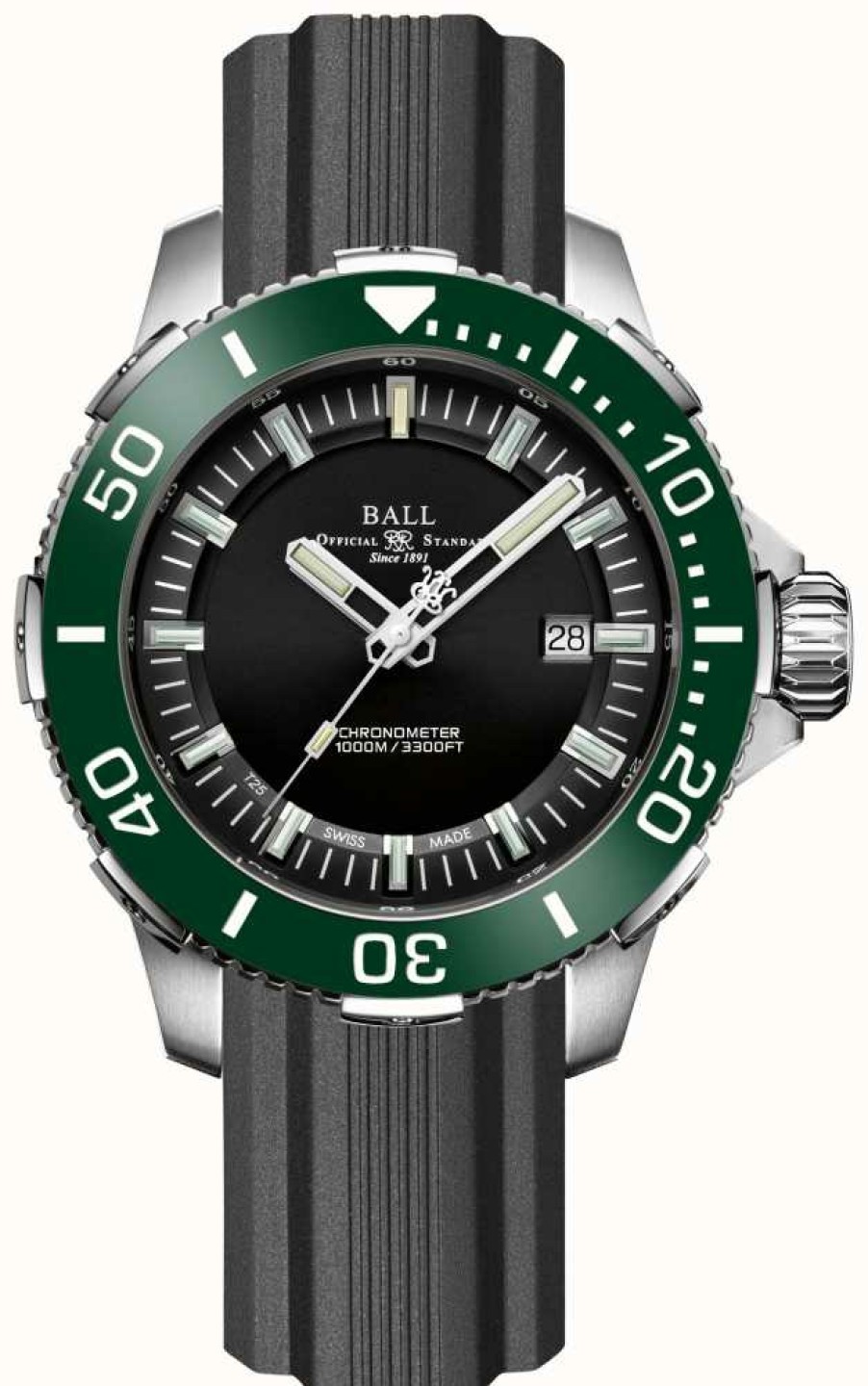 Men'S Ball Watch Company | Ball Watch Company Deepquest Ceramic Green Bezel Rubber Strap