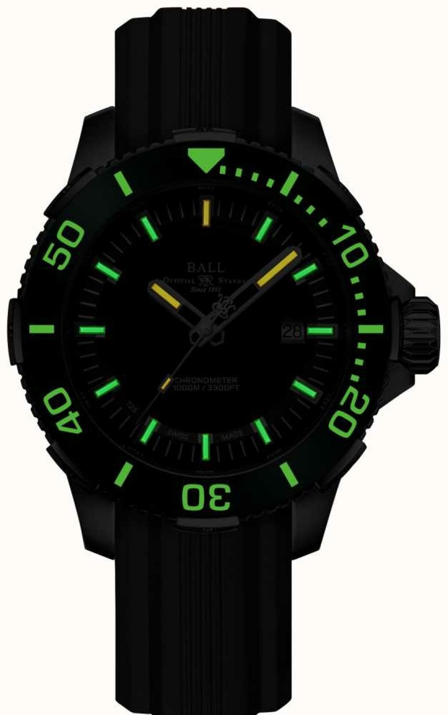 Men'S Ball Watch Company | Ball Watch Company Deepquest Ceramic Green Bezel Rubber Strap