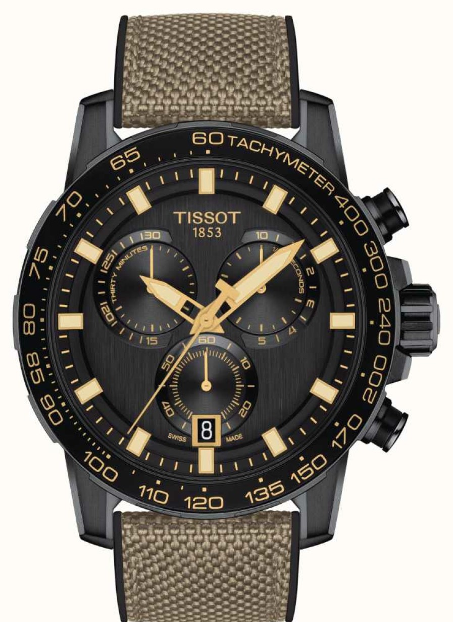 Men'S Tissot | Tissot Men'S Supersports Chrono | Black Dial | Beige Strap