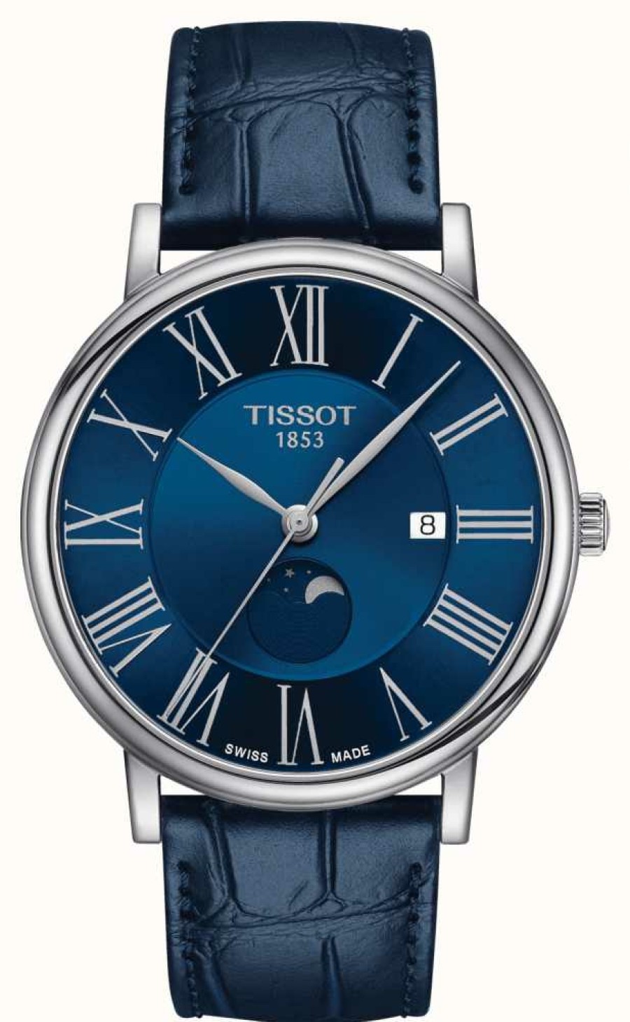 Men'S Tissot | Tissot Men'S Carson Moon Phase | Blue Dial | Blue Leather Strap