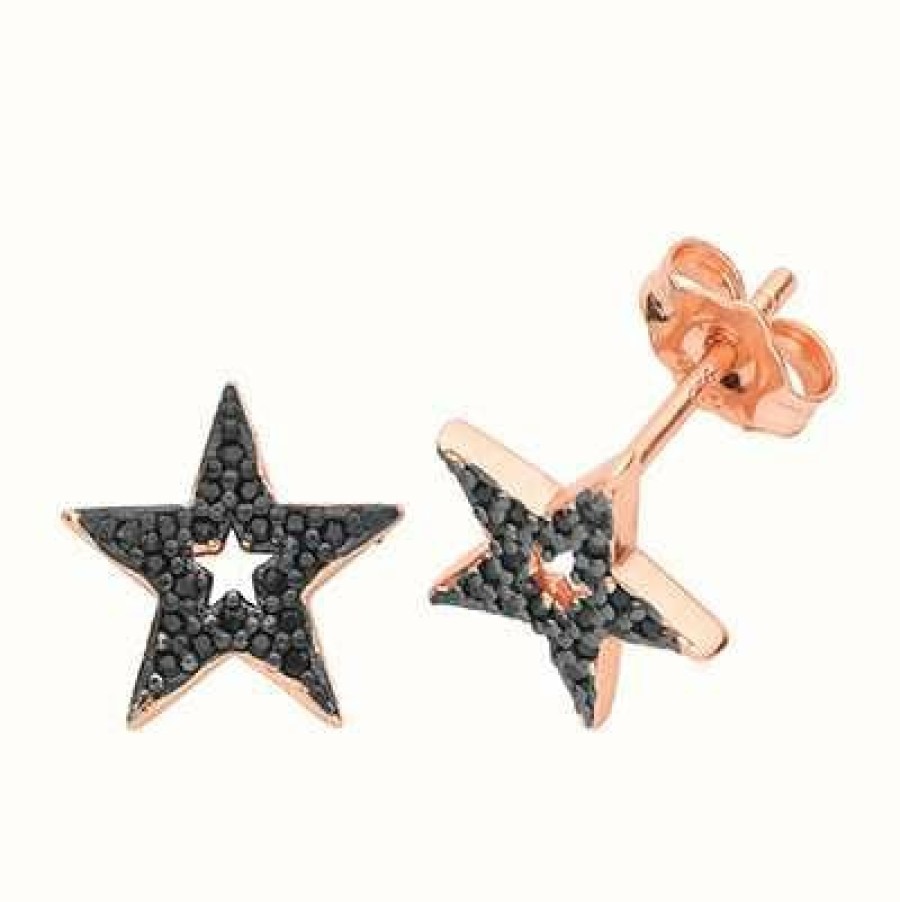 Jewelry James Moore | James Moore Th Silver Rose Gold Plated Black Cubic Zirconia Star Stud Earrings