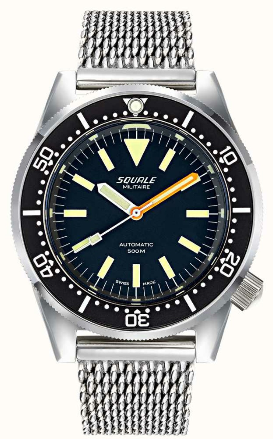 Men'S Squale | Squale 1521 Militaire (42Mm) Black Dial / Stainless Steel Mesh