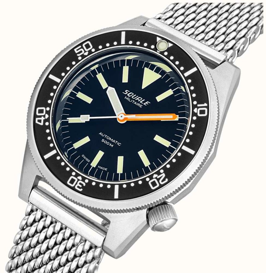 Men'S Squale | Squale 1521 Militaire Blasted (42Mm) Black Dial / Stainless Steel Mesh