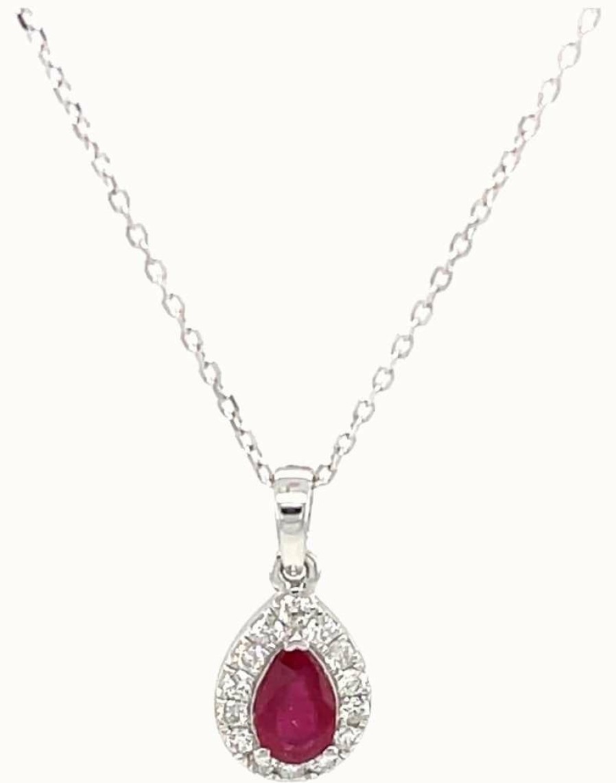 Jewelry James Moore | Lm 18Ct White Gold Ruby Halo Diamond Pendant And Chain 0.70Ct Total