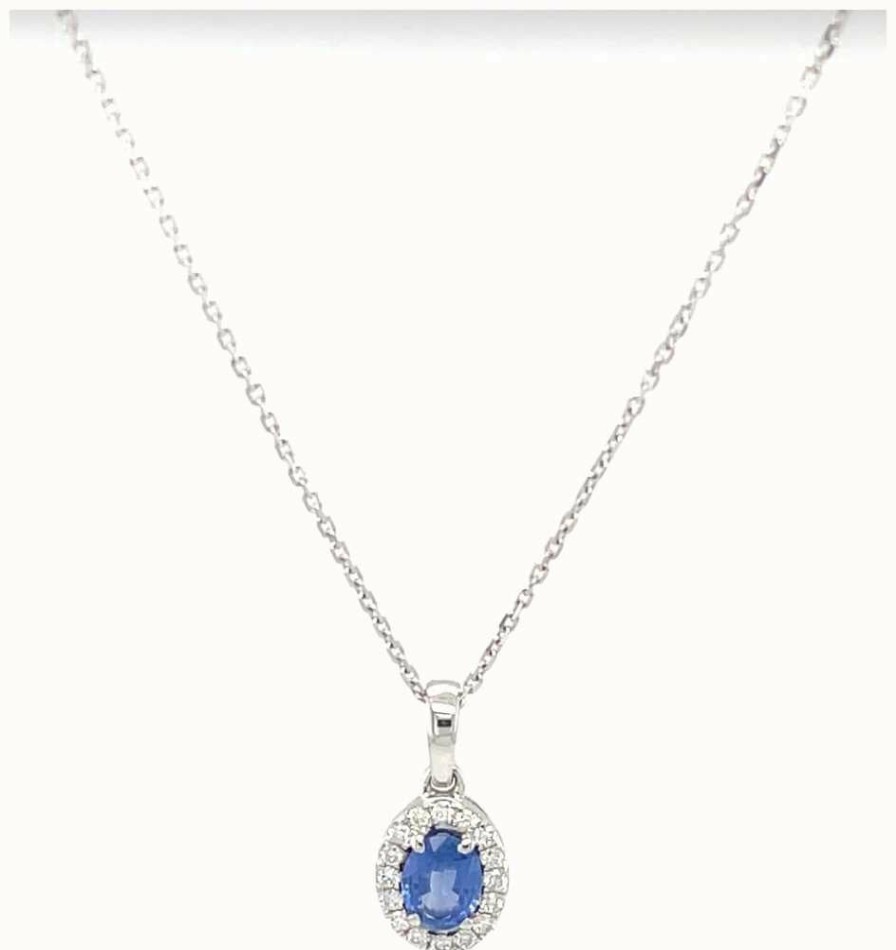 Jewelry James Moore | Lm 9Ct White Gold Oval Sapphire Diamond Halo Pendant And Chain 0.55Ct Total