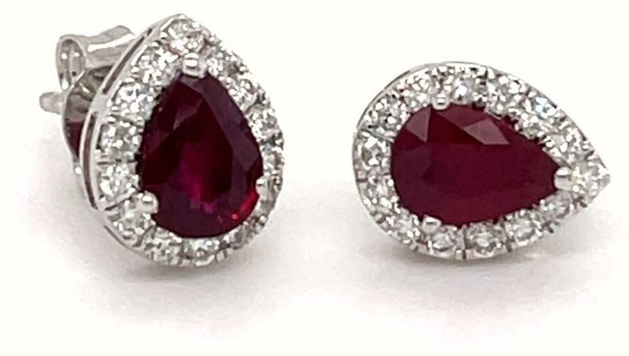 Jewelry James Moore | Lm 18Ct White Gold Pear Ruby Diamond Halo Studs 1.45Ct Total