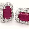 Jewelry James Moore | Lm 18Ct White Gold Emerald Cut Ruby Diamond Cluster Studs 1.40Ct Total