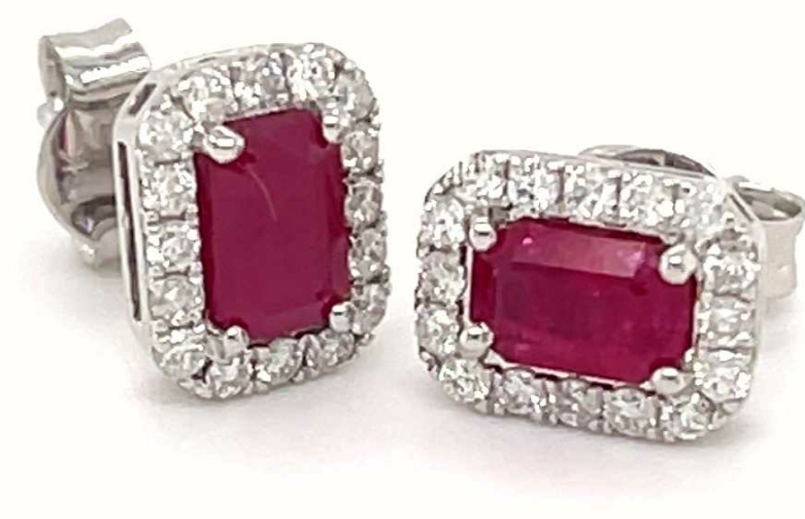 Jewelry James Moore | Lm 18Ct White Gold Emerald Cut Ruby Diamond Cluster Studs 1.40Ct Total