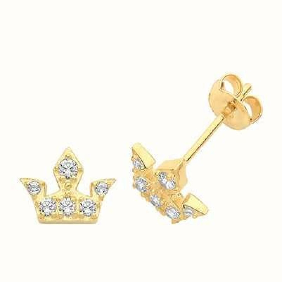 Jewelry James Moore | James Moore Th 9Ct Yellow Gold Cubic Zirconia Crown Stud Earrings