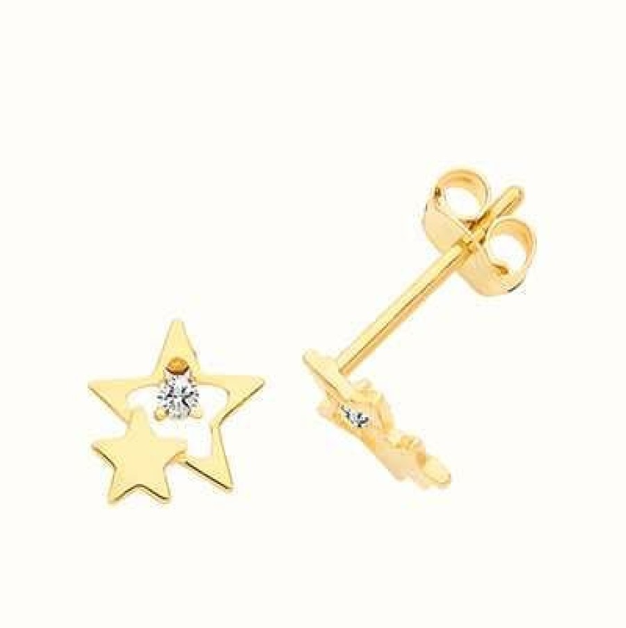 Jewelry James Moore | James Moore Th 9Ct Yellow Gold Cubic Zirconia Double Star Stud Earrings